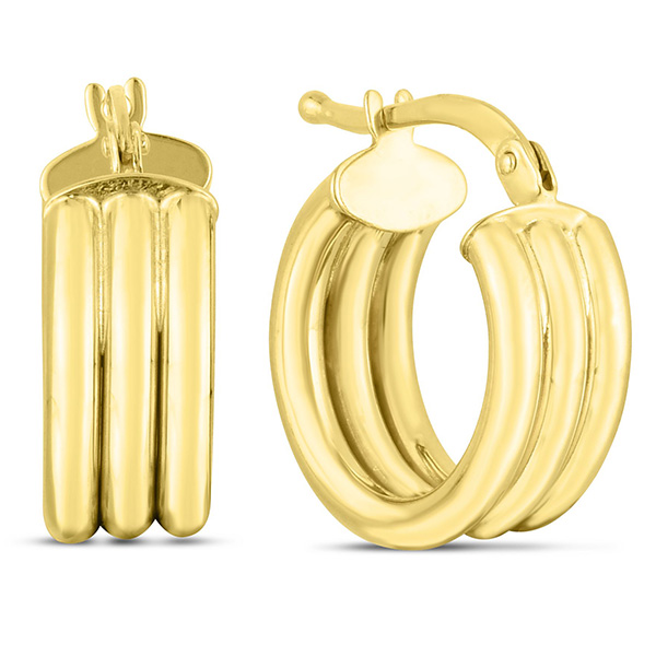 14k Yellow Gold Double Row Round Huggie Hoop Earrings