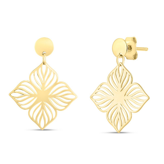 14k Yellow Gold Flower Stencil Cut Out Drop Earrings