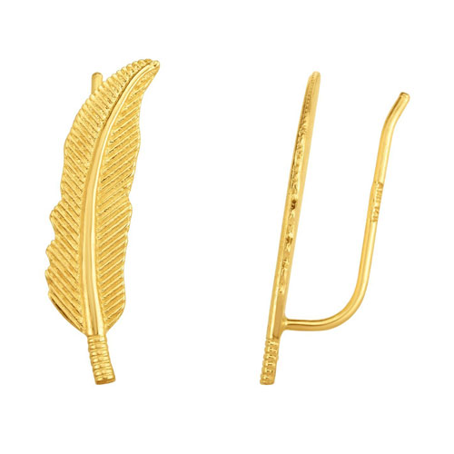 14k Yellow Gold Textured Feather Ear Climber Earrings