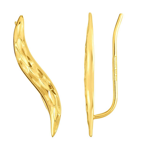 14k Yellow Gold Diamond cut Curved Ear Climber Earrings