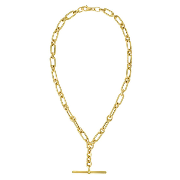 14k Yellow Gold T Bar Necklace with Mixed and Textured Links 17in