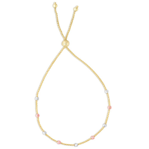 14k Yellow Gold Adjustable Bolo Wheat Bracelet with Tri-tone Beads