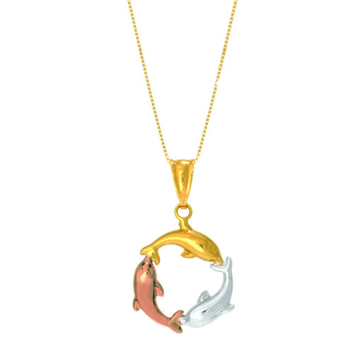 14k Tri-tone Gold Dolphin Trio Necklace