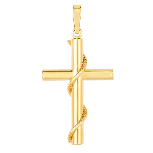 14k Yellow Gold Cross Pendant with Wrapped Rope 1in