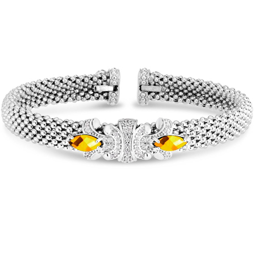 Phillip Gavriel Sterling Silver Yellow Quartz Diamond Fleur de Lis Bangle