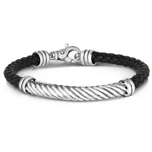 Phillip Gavriel Sterling Silver Men's Twisted Cable Bar Leather Bracelet