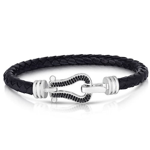 Phillip Gavriel Sterling Silver Men's Leather Black Diamond Horsebit Buckle Bracelet