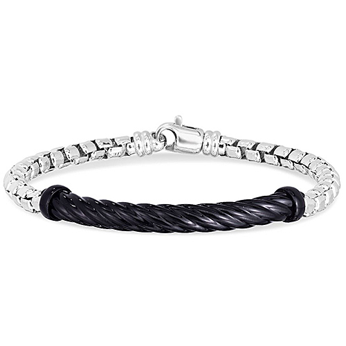 Sterling Silver Men's Black Enamel Bar and Cable Link Bracelet
