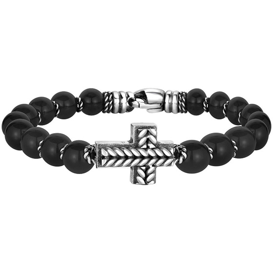 Phillip Gavriel Sterling Silver Men's Cross and Onyx Bead Bracelet