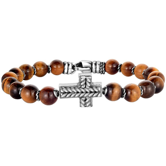Phillip Gavriel Sterling Silver Men's Cross and Tiger Eye Bead Bracelet