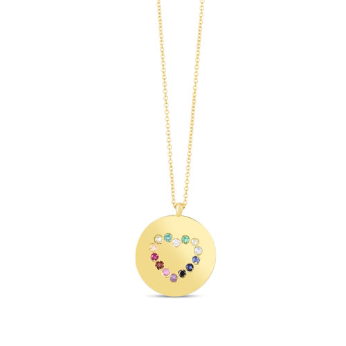 14k Yellow Gold Rainbow Gemstone Heart Disc Necklace