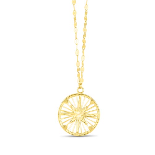 14k Yellow Gold Fancy Compass Necklace Mirrored Chain