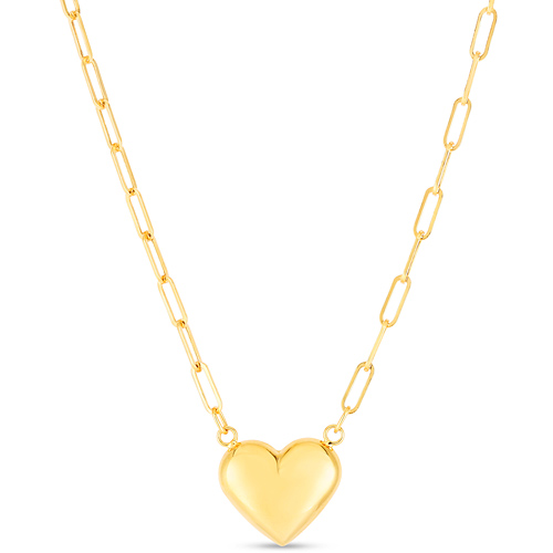 14k Yellow Gold Puffed Heart Paper Clip Necklace