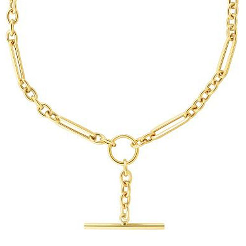 14k Yellow Gold T Bar Necklace with Mixed Round and Paper Clip Links