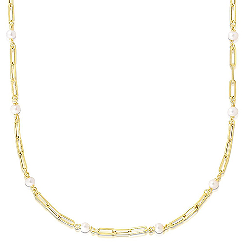 14k Yellow Gold Freshwater Cultured Pearl Paper Clip Link Necklace 24in