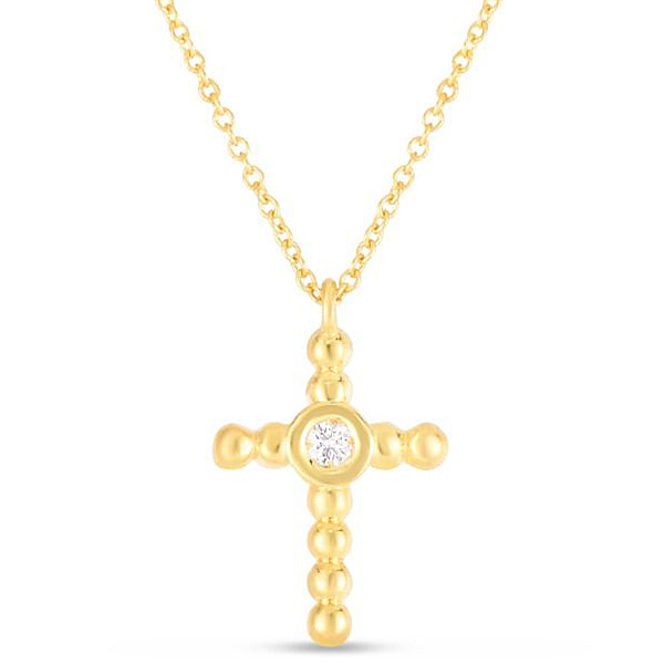 14k Yellow Gold Diamond Cross Popcorn Necklace