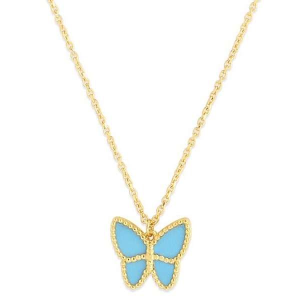 14k Yellow Gold Reconstituted Turquoise Butterfly Necklace