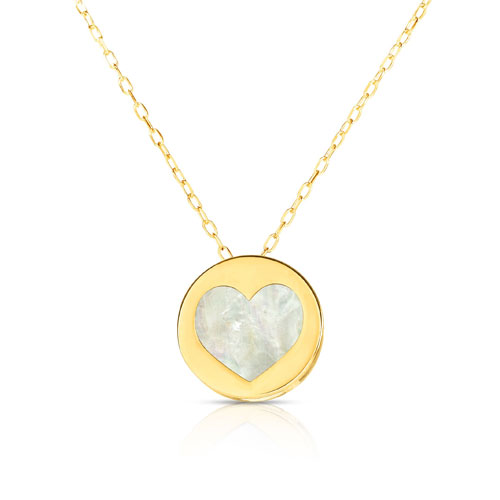 14k Yellow Gold Round Mother of Pearl Heart Necklace