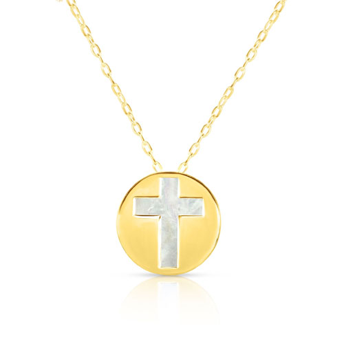 14k Yellow Gold Round Mother of Pearl Cross Necklace