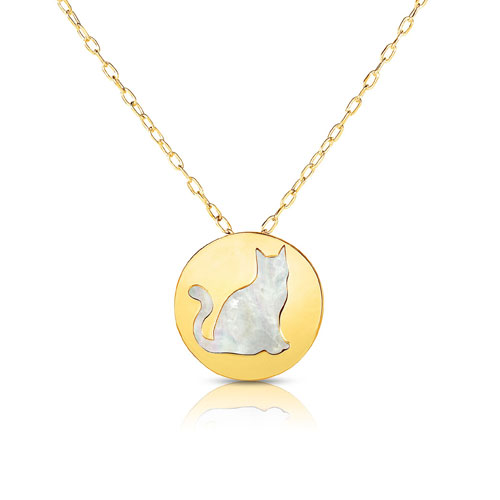 14k Yellow Gold Round Mother of Pearl Cat Necklace