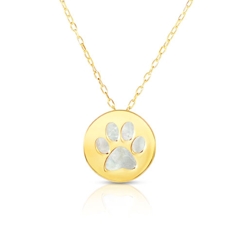 14k Yellow Gold Round Mother of Pearl Paw Print Necklace