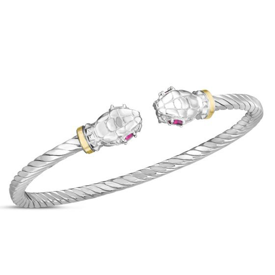 Phillip Gavriel Sterling Silver and 18k Yellow Gold Serpent Cable Cuff Bangle with Rubies
