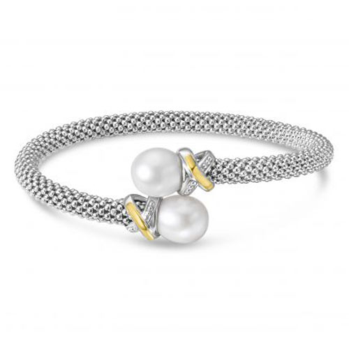 Phillip Gavriel Sterling Silver Freshwater Cultured Pearl Bypass Cuff Bangle Bracelet with 18k Gold Accents