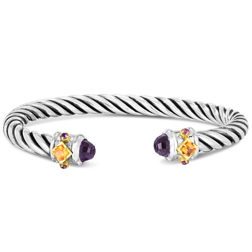 Phillip Gavriel Sterling Silver 18k Yellow Gold Cable Bangle with Citrine and Amethyst
