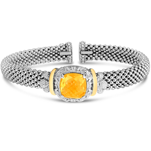 Phillip Gavriel Sterling Silver Cushion Cut Yellow Quartz Popcorn Renaissance Bangle