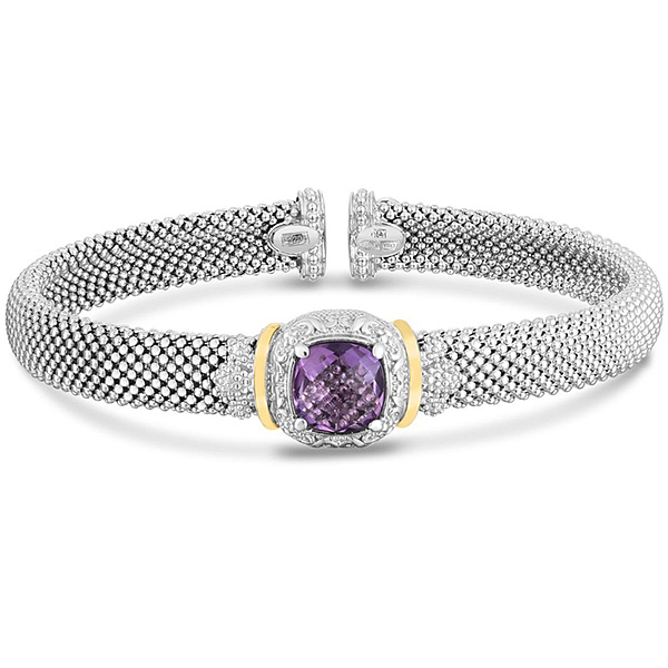 Phillip Gavriel Sterling Silver Cushion Cut Amethyst Popcorn Cuff Bangle Bracelet