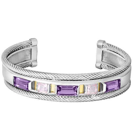 Phillip Gavriel Sterling Silver and 18k Yellow Gold Amethyst Rose Quartz Madison Cable Cuff Bracelet