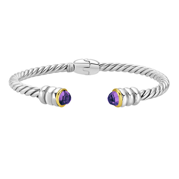 Phillip Gavriel Sterling Silver and 18k Gold Amethyst Cable Cuff Bangle Bracelet
