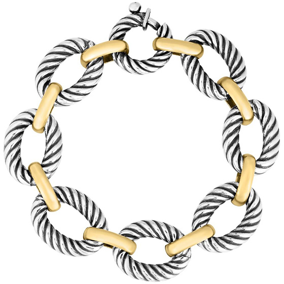 Phillip Gavriel Sterling Silver and 18k Yellow Gold Large Textured Oval Link Cable Link Bracelet