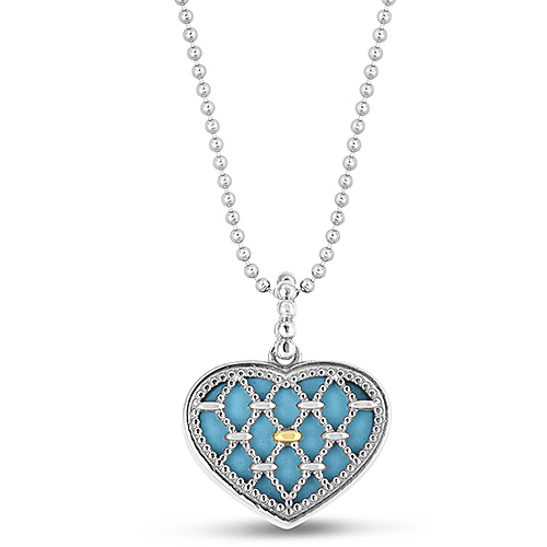 Phillip Gavriel Sterling Silver and 18k Gold Netted Turquoise Heart Necklace