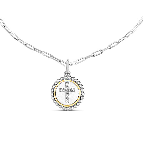 Phillip Gavriel Sterling Silver and 18k Gold Diamond Cross Disc Paper Clip Necklace
