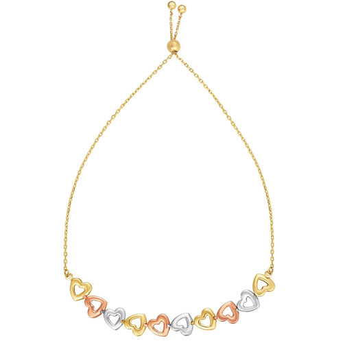 14k Tri-color Gold Adjustable Bolo Hearts Bracelet