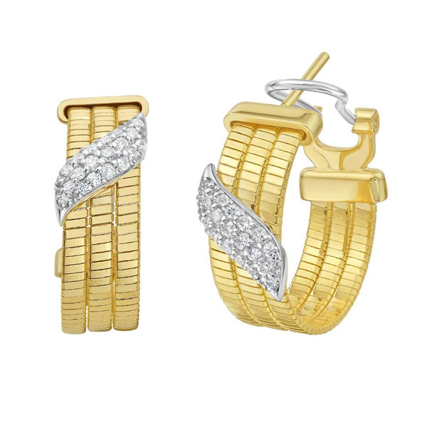 14k Two-tone Gold Triple Row .33ct Diamond Hoop Earrings with Omega Backs
