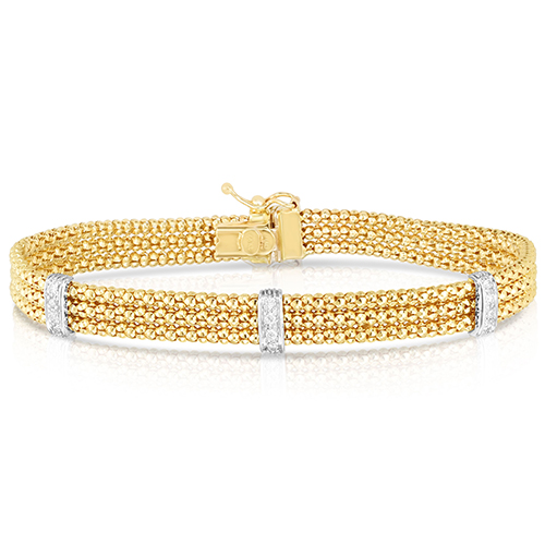 14k Yellow Gold Triple Row Popcorn .18 ct Diamond Bracelet