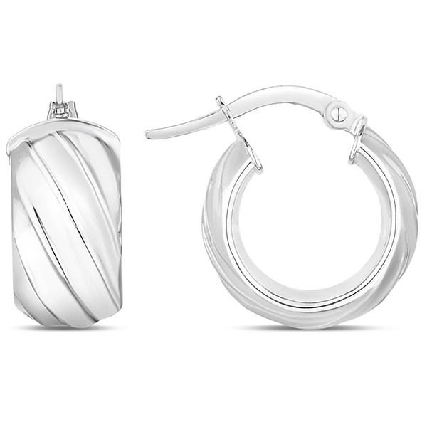 14k White Gold Wide Ribbed Twist Huggie Hoop Earrings