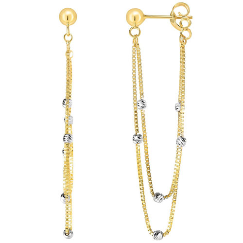 14k Two-tone Gold 2in Box Chain with Beads Front to Back Earrings