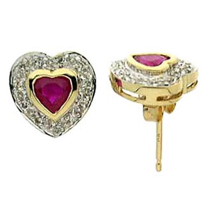 14kt Yellow Gold 1 ct Heart Ruby Earrings with Diamonds
