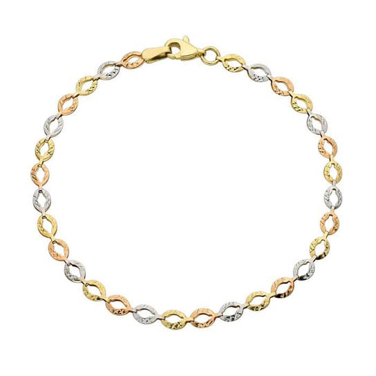 14k Tri-color Diamond-cut Oval Link Bracelet 7.5in