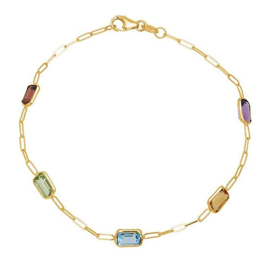 14k Yellow Gold Oval Cable Link Bracelet with Peridot Topaz Amethyst Citrine Baguette