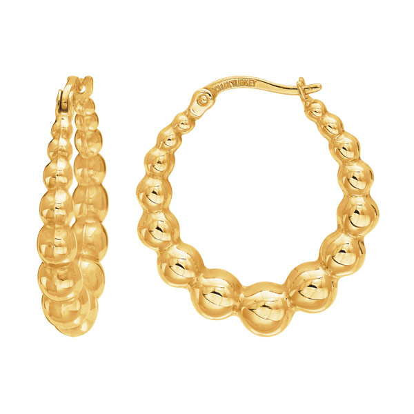 14k Yellow Gold Graduated Puff Bead Hoop Earrings 1in