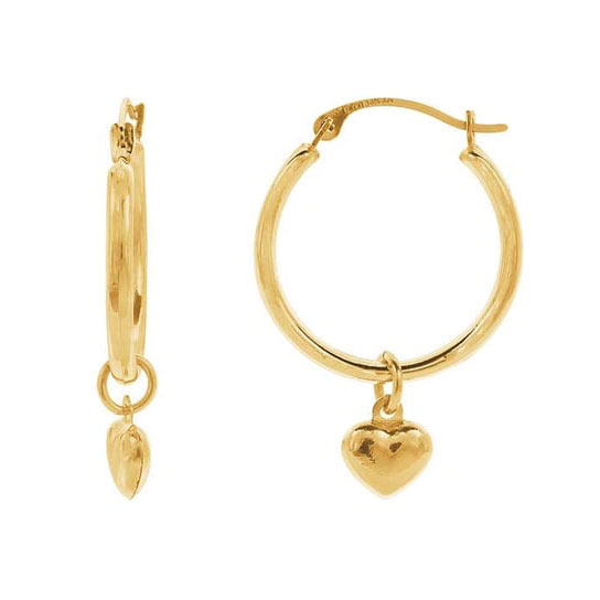 14k Yellow Gold Heart Charm Hoop Earrings