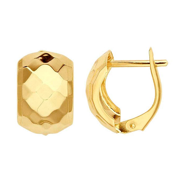 14k Yellow Gold Diamond-Pattern Lever Back Huggie Hoop Earrings