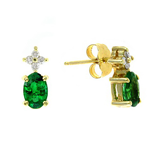 14k Yellow Gold 1 ct Oval Emerald Stud Earrings With Diamond Clusters