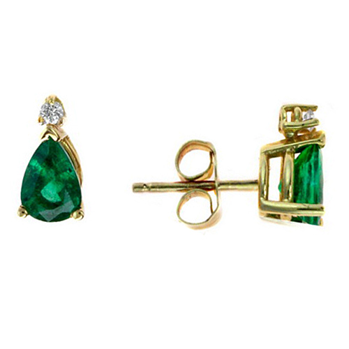 14k Yellow Gold .80 ct tw Pear Emerald Stud Earrings with Diamonds