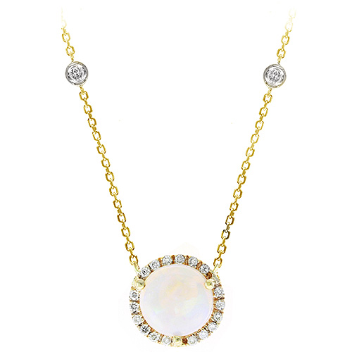 14k Yellow Gold 1 ct Opal Halo Necklace with Diamonds