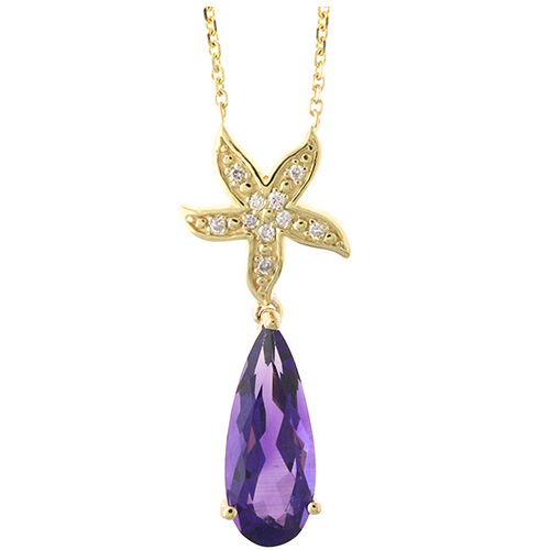 14k Yellow Gold Pear Amethyst Diamond Starfish Necklace
